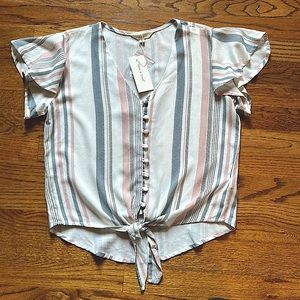 Sim&Sam V-neck white, navy, pink striped button up flutter sleeved shirt